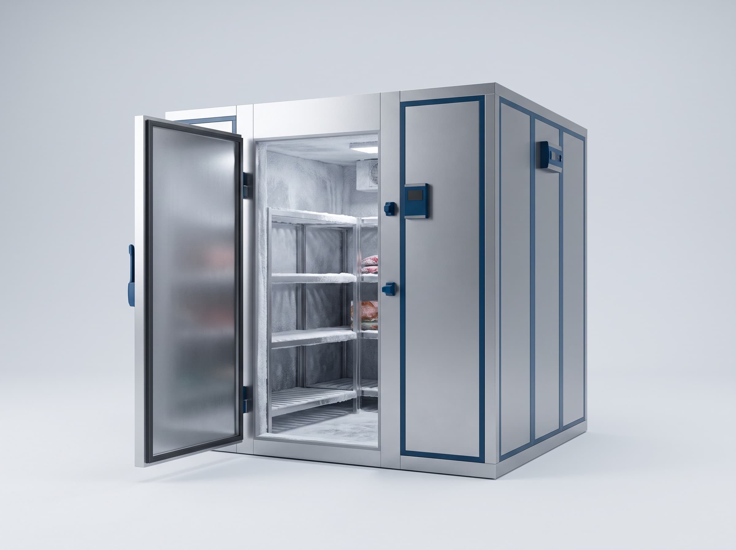 Industrial cold room with its insulated door open, showing frosted shelving inside