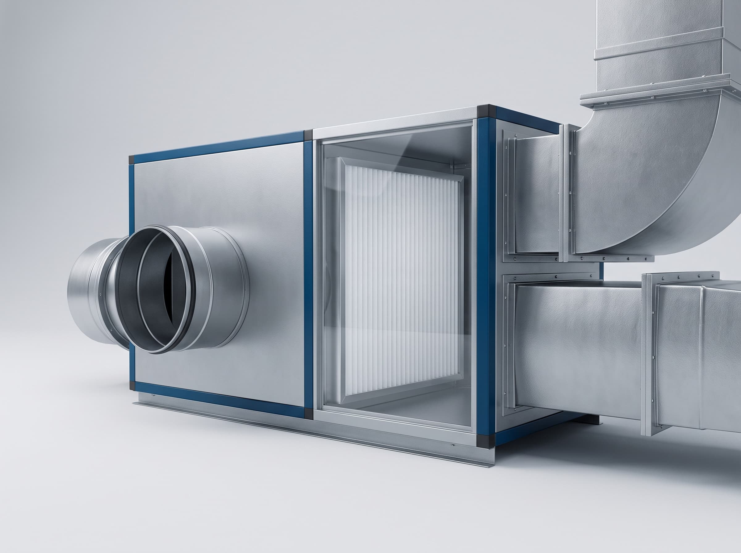Air-handling unit with a pleated filter visible behind a glazed access panel