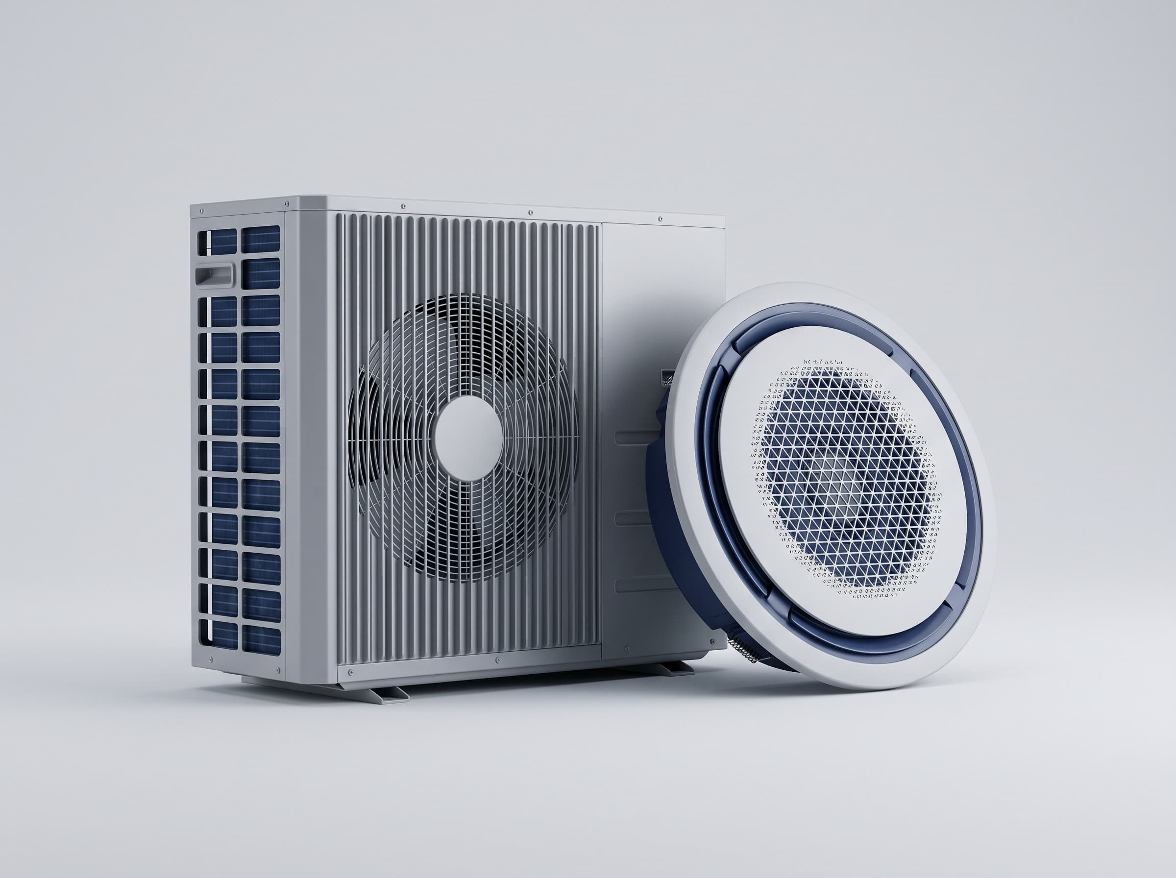 VRF outdoor condensing unit beside a round ceiling-cassette indoor unit